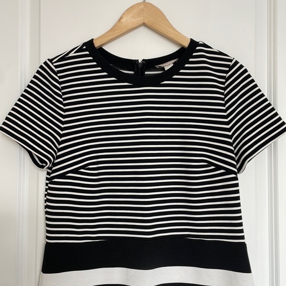 LOFT Women’s Crewneck Striped MIDI Dress Black/White 10 - Picture 2 of 5